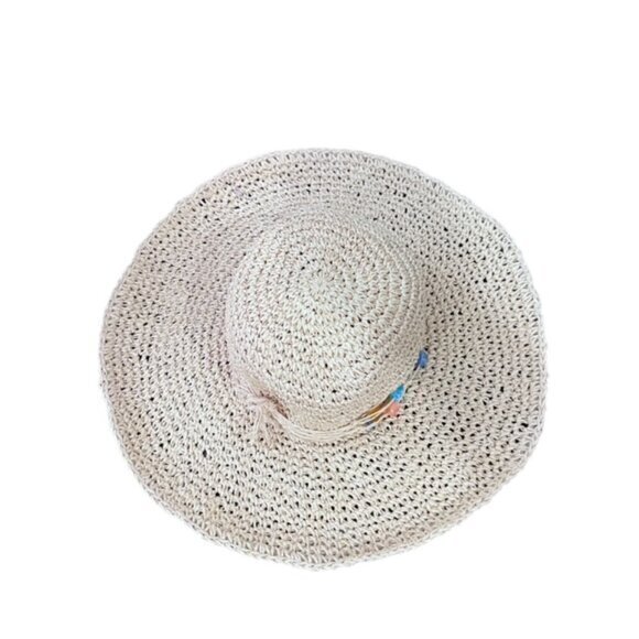 Boho Wide Brim Sun Hat Beaded Brim Trim Beach Pool Vacation Travel Cottage Coast - Picture 5 of 12